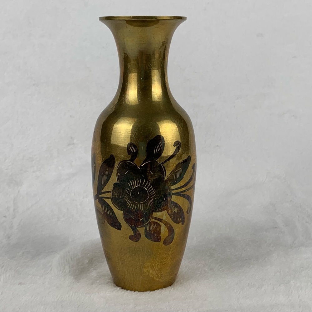 Vintage Brass Bud Vase with etched floral design 6 Inches Tall Original Patina